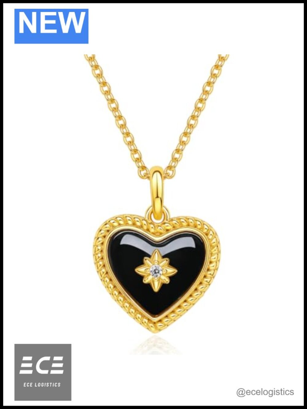 ZS925 Sterling Silver Heart Pendant Necklace with Black Onyx & Cubic Zirconia,